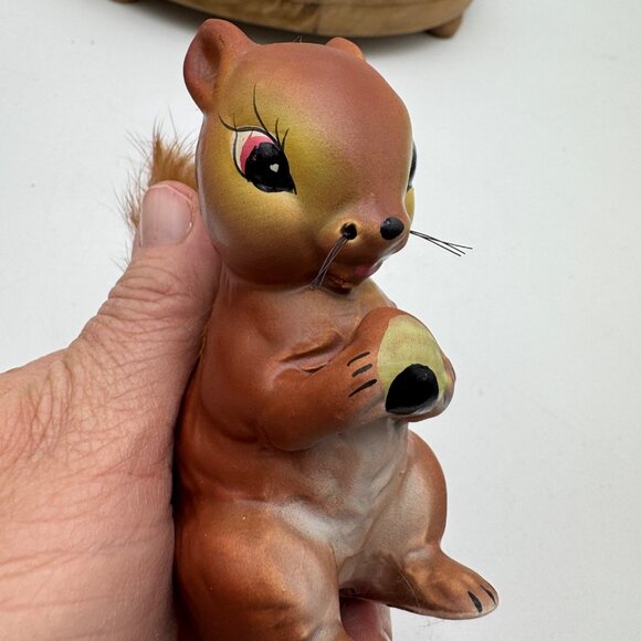 Enesco Ceramic Squirrel with Furry Bushy Tail Kitschy Japan Acorn vintage decor - Picture 2 of 13
